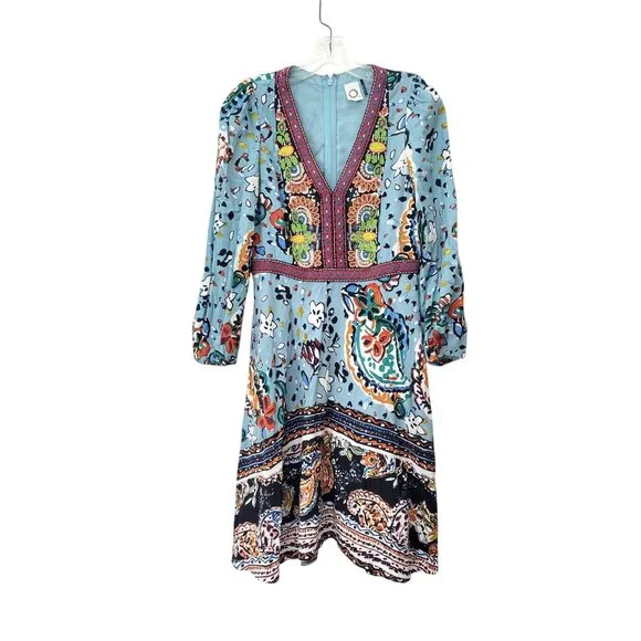 Akemi + Kin Bohemian Beaded Floral Midi Dress With V-Neck & Long Sleeves Anthrop - Picture 1 of 8